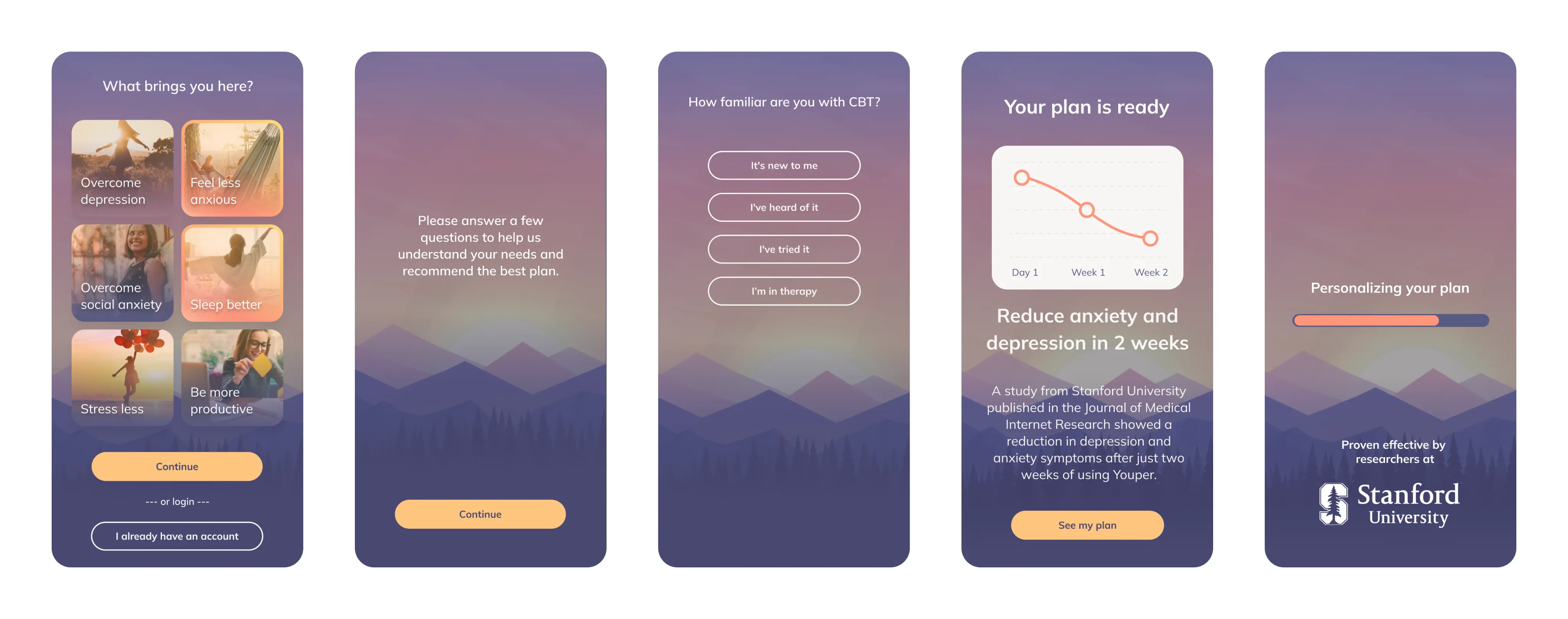 Screens with press mentions, a Stanford study and testimonials