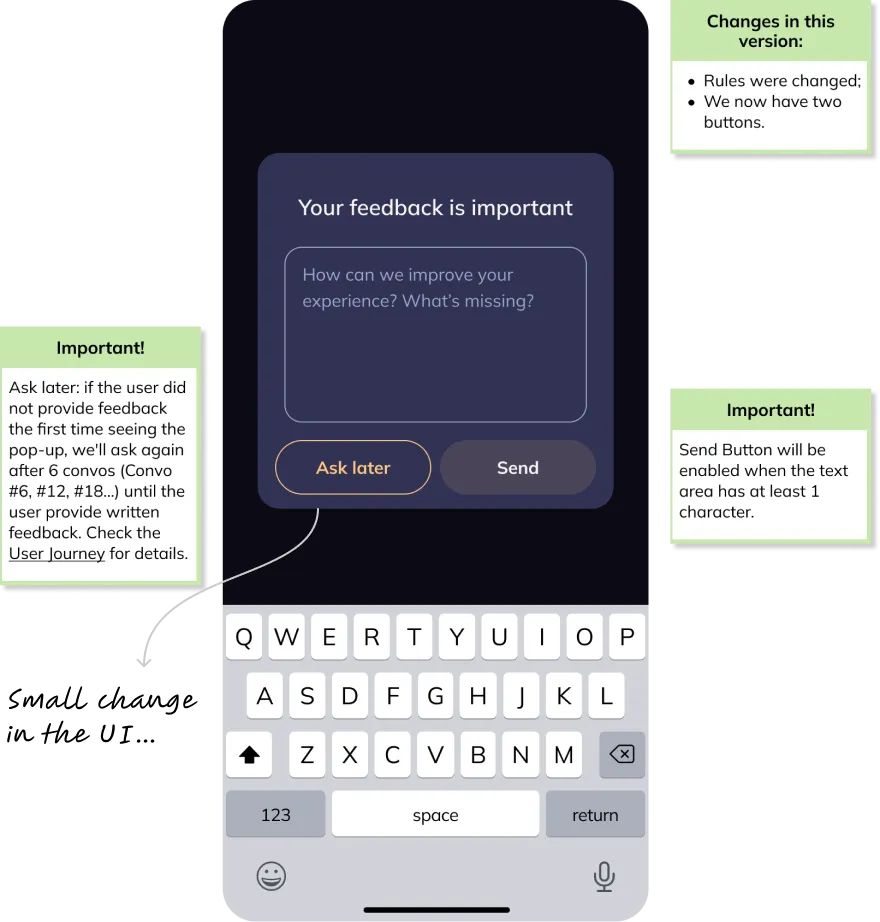 Mockup of the feedback screen with a skip button and handoff notes