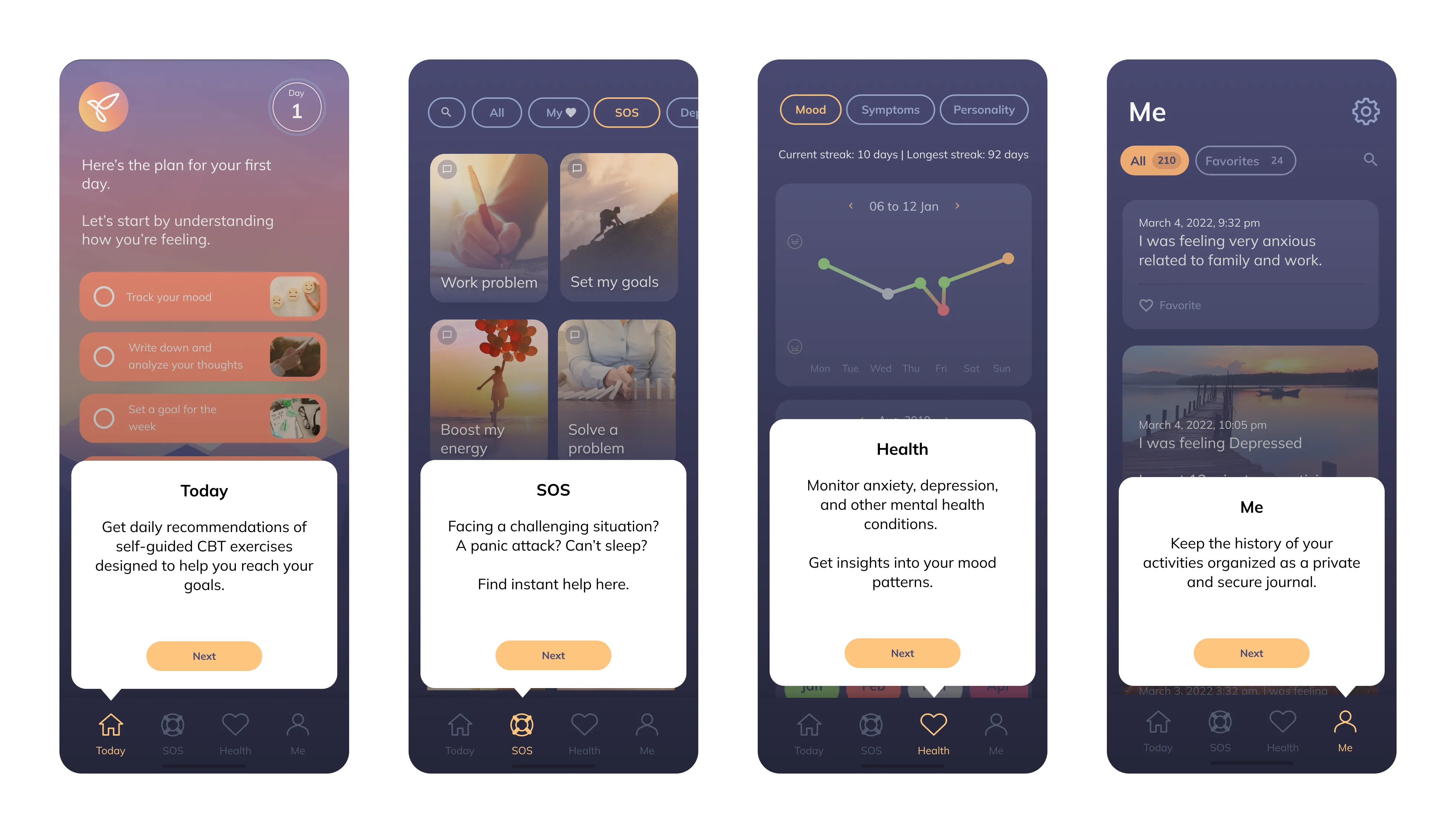 Product tour screens showing the app features